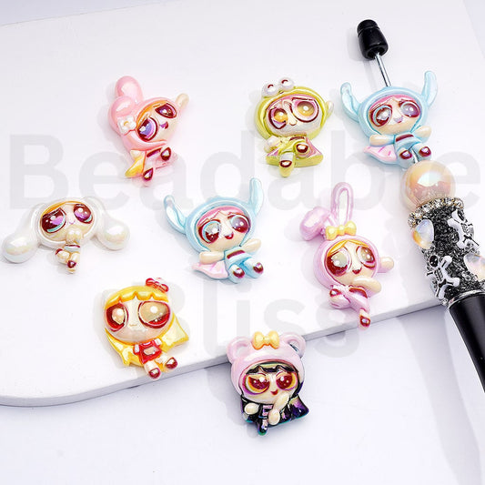 UV Coated Powerpuff Girl Figures in Adorable Character Costumes My Melody, Cinnamoroll, Keroppi Acrylic Beads Random Mix