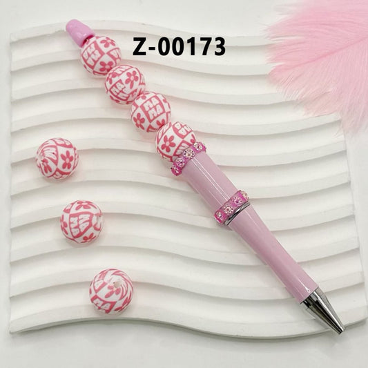 Mama Mom Mother's Day Flower Pink White Round Printed Silicone Beads 15mm, Number Z-00173