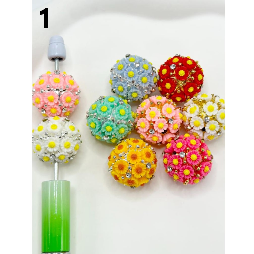 Small Flowers Silver Pins with Rhinestones Round Metal Alloy Beads 20mm, ZY