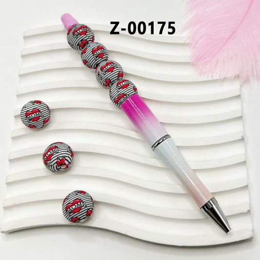 Round Printed Red Heart Mom Mother's Day Black Lines Silicone Beads 15mm, Number Z-00175