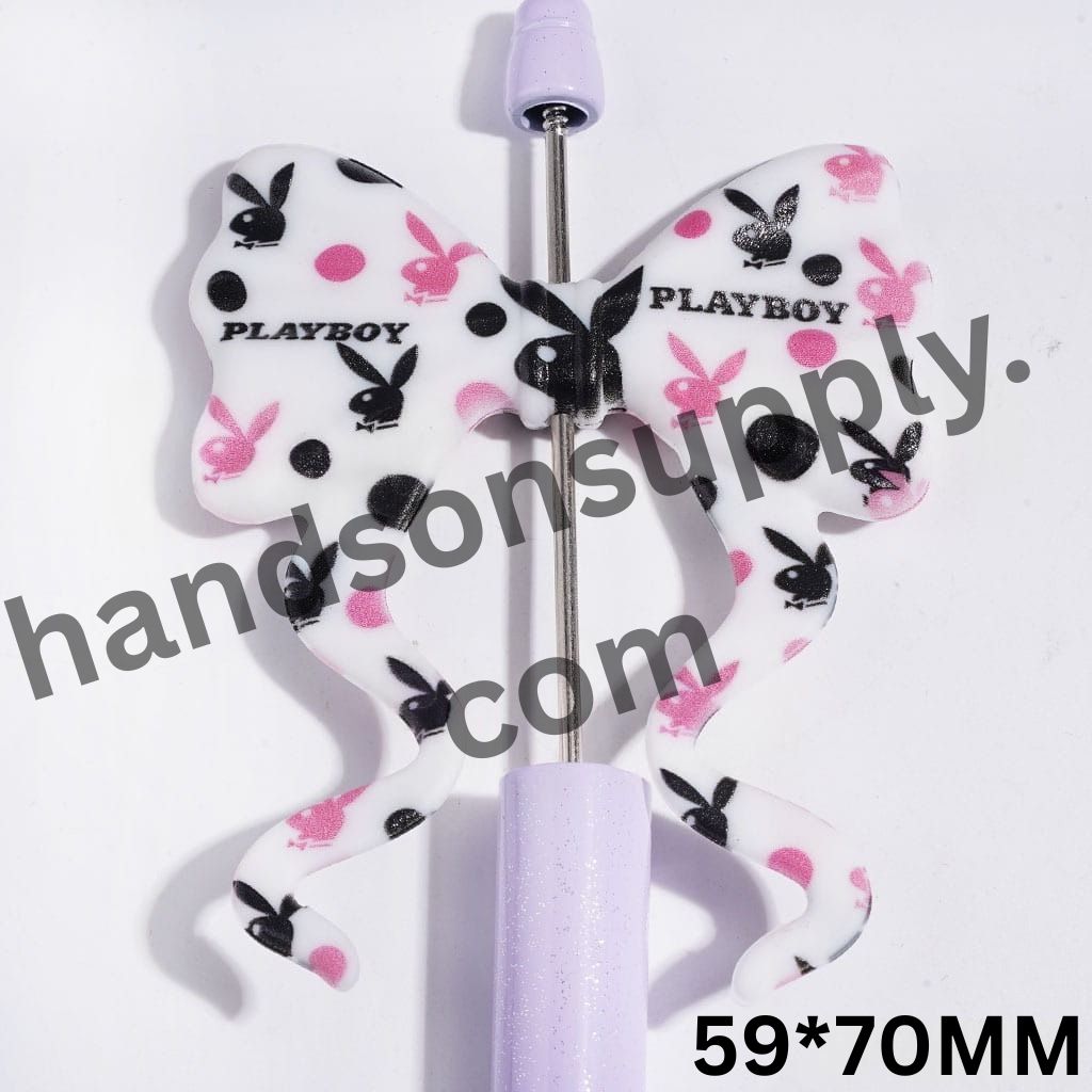Pink and Black Cartoon Rabbit Head with Polka Dot Prints on Long Ribbon Bowtie Silicone Focal Beads, 59*70MM