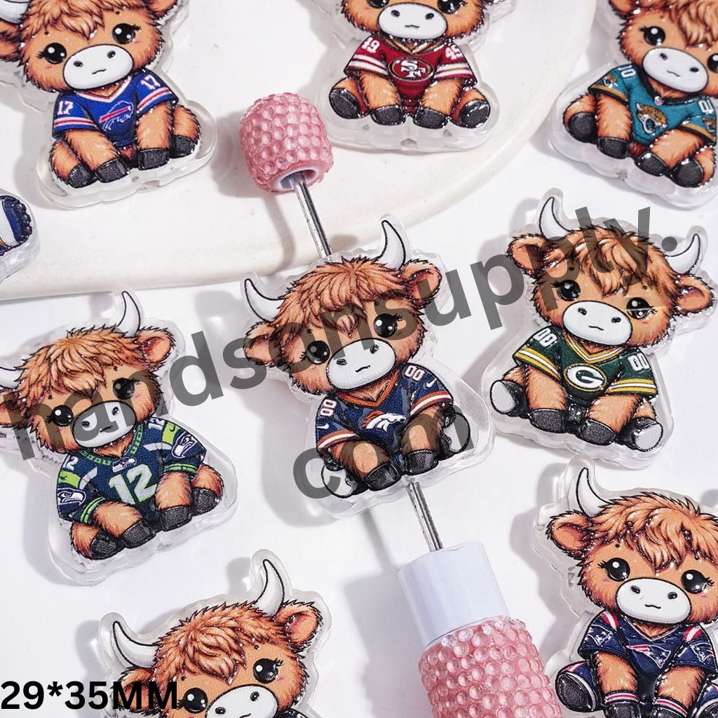 Cute Brown Highland Cattle Wearing Various American Football Team Jerseys Semi-Clear Acrylic Beads, 29*35MM, Random Mix