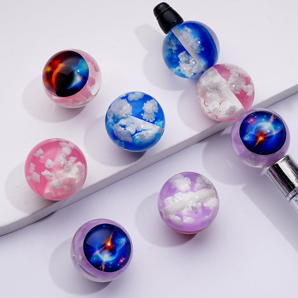 Mystical Galaxy Acrylic Beads – White Clouds in Space Design, 20MM, Random Mix