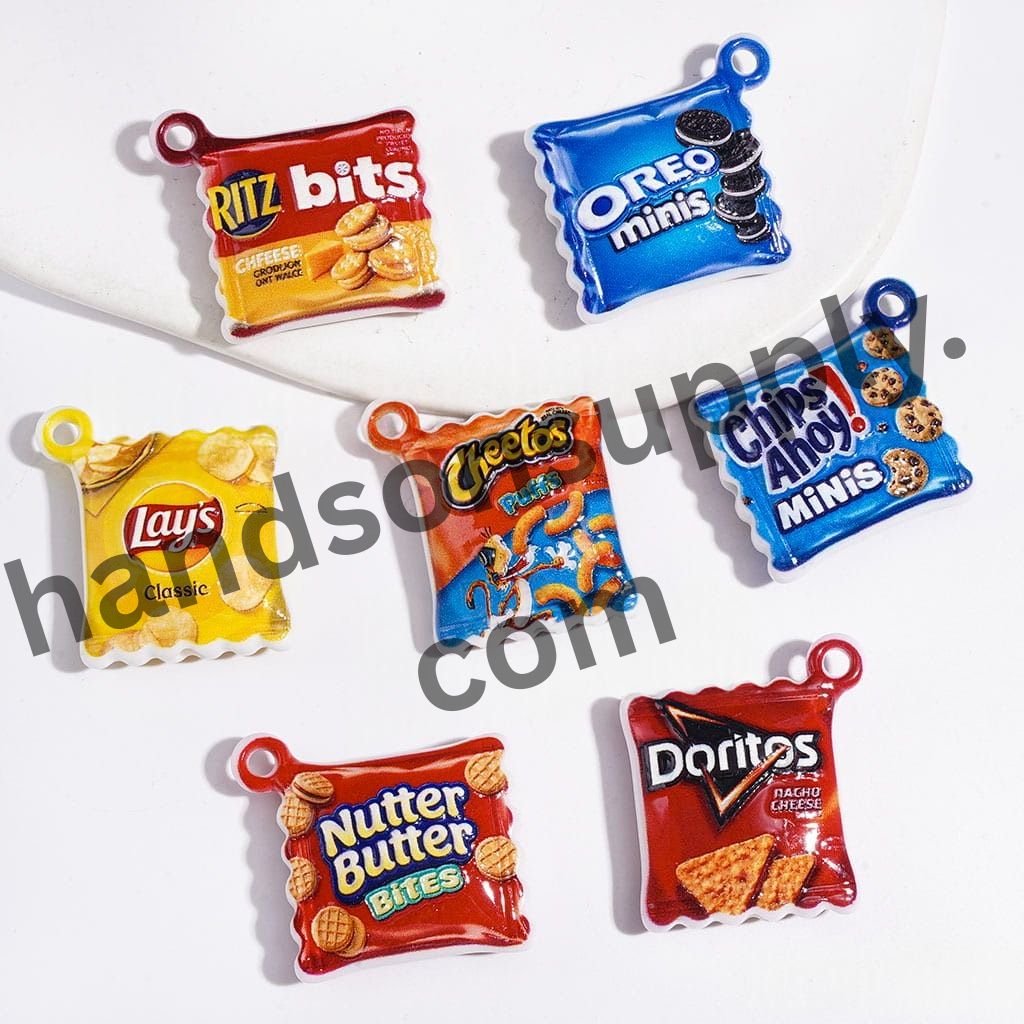 Crunchy Chips and Sweet Cookies Packaging Bag Design Acrylic Pendants, 31*28MM, Random Mix
