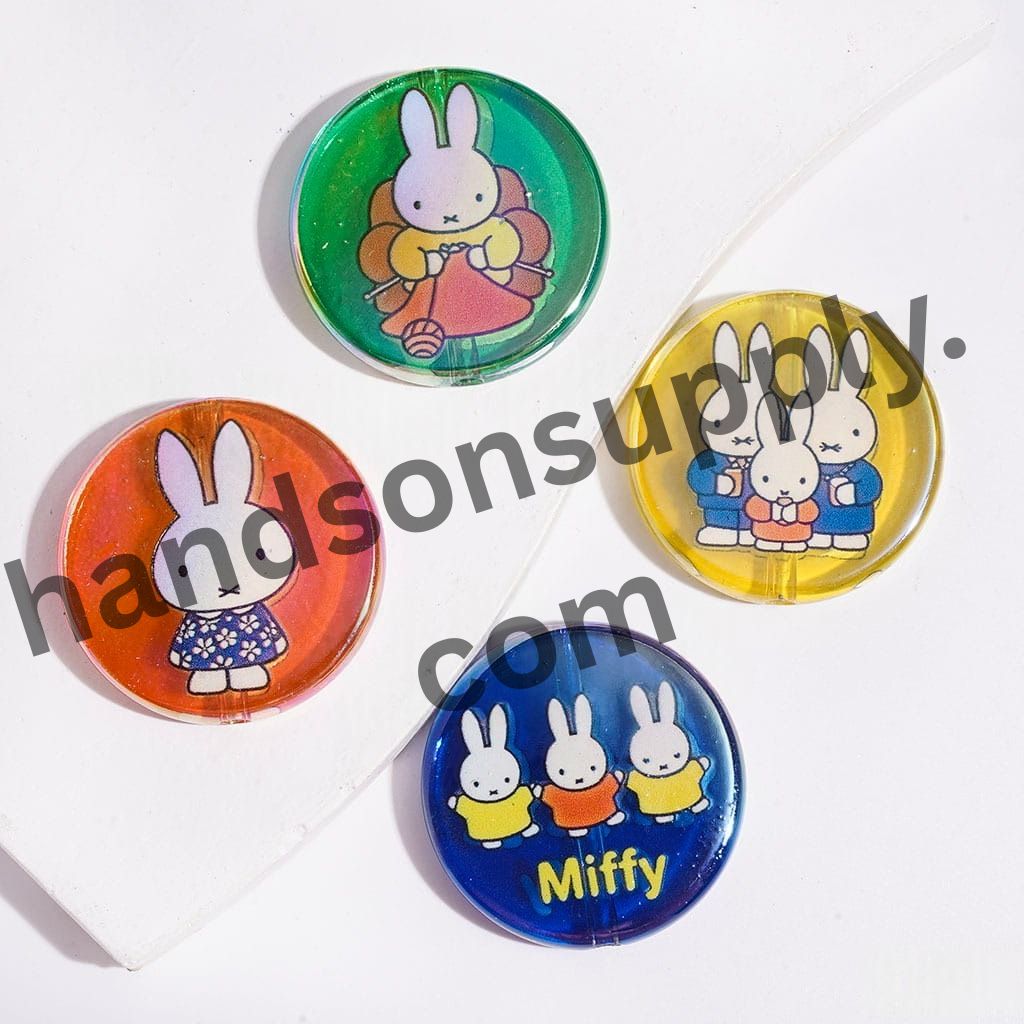 UV-Coated Cute White Bunny Family Character Series Semi-Clear Flat Round Acrylic Beads, 31MM, Random Mix