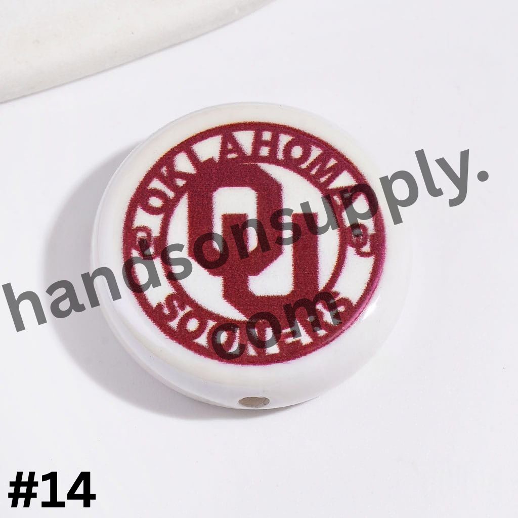 UV-Coated American College Sports Football Team Logo Series Flat Round Acrylic Beads, 23MM