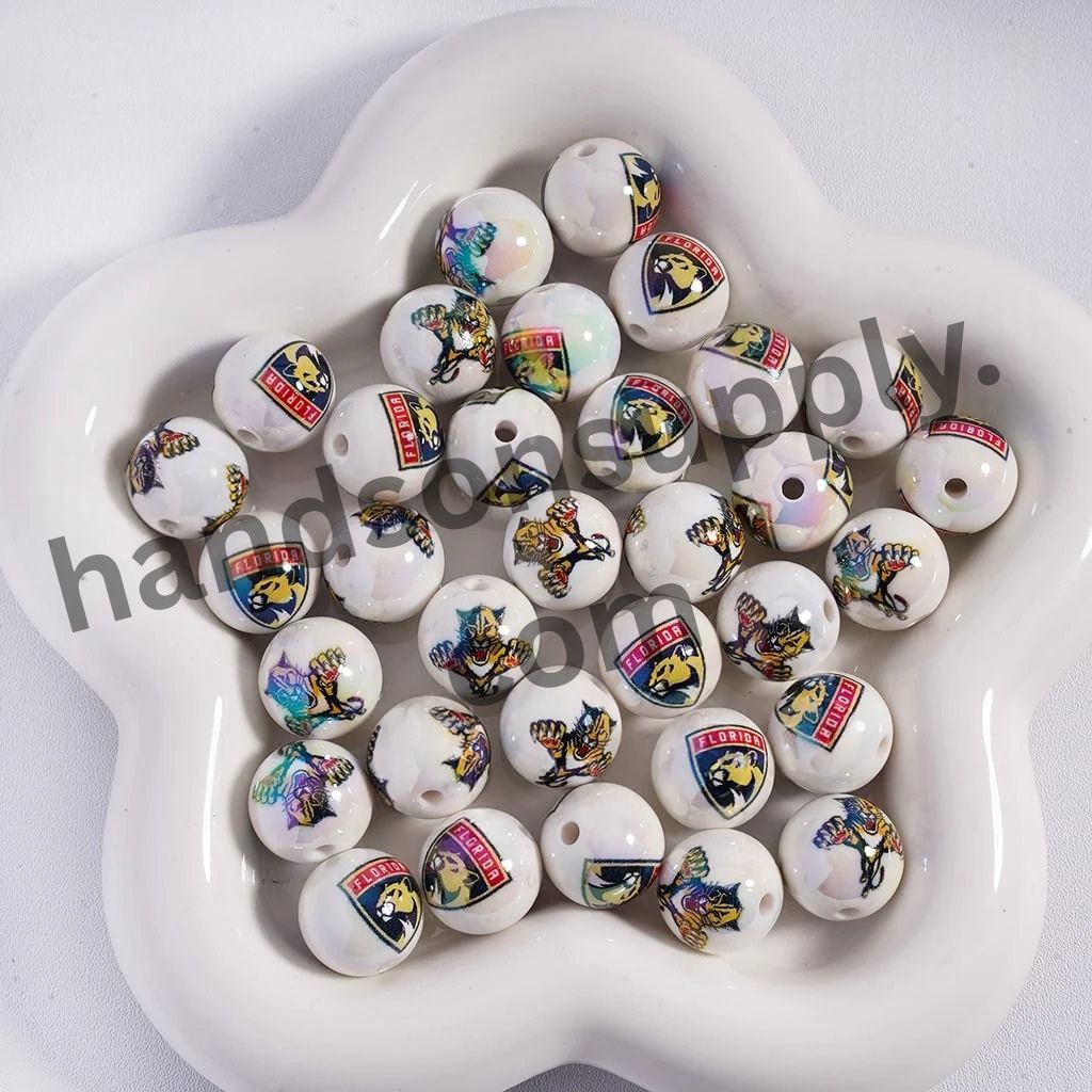 Round with UV Coating Ice Hockey Team Pattern Acrylic Beads for Bracelets, 16MM