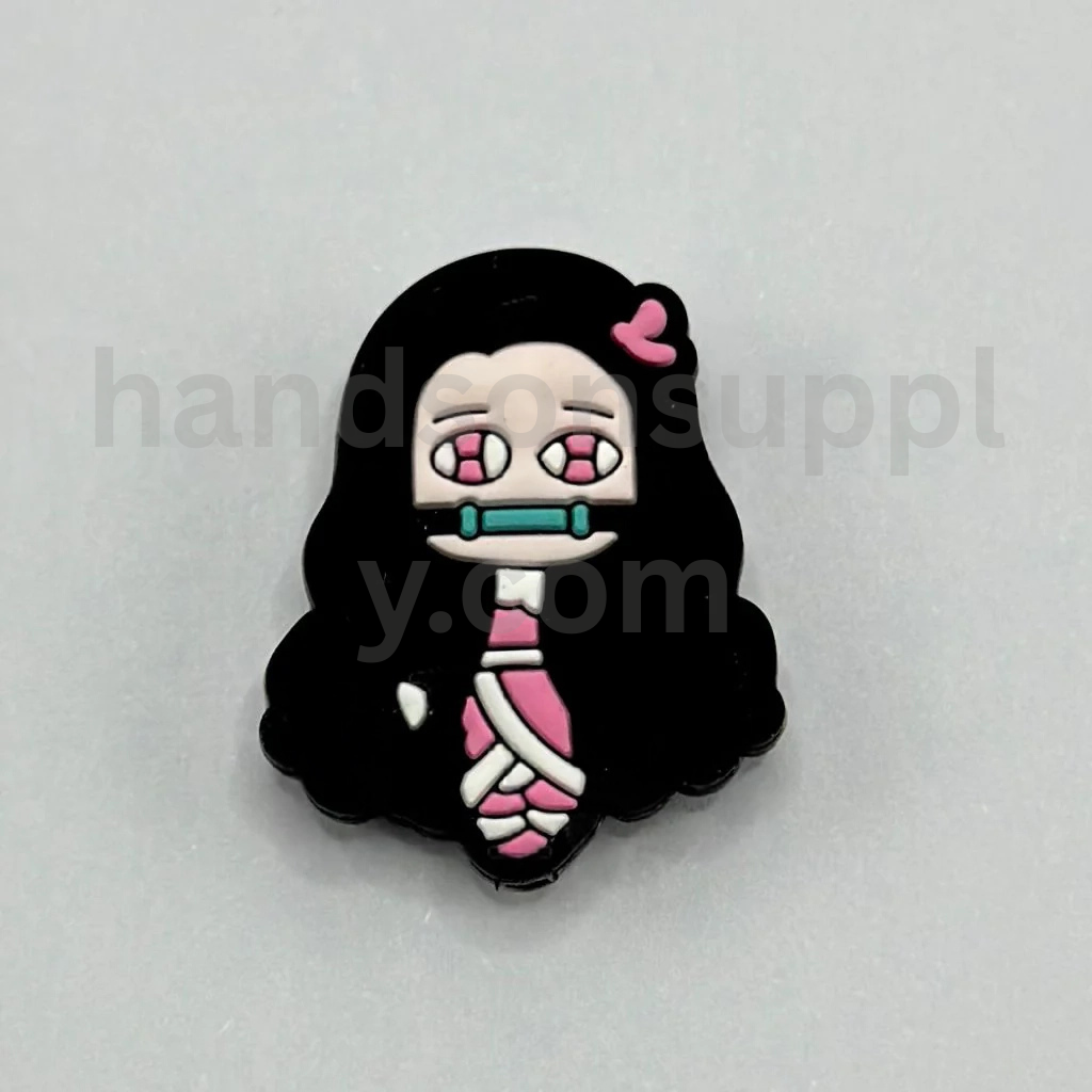 Demon Slayer Girl with Black Wavy Hair and Pink Heart Design Silicone Focal Beads