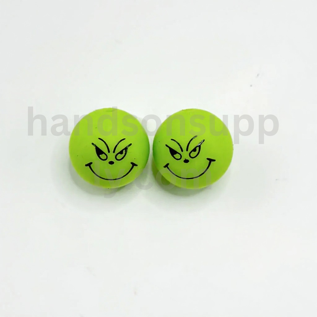 Green Monster Grinc with Weird Smile 15MM Green Round Printed Silicone Beads Christmas Theme