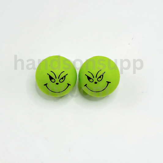 Green Monster Grinc with Weird Smile 15MM Green Round Printed Silicone Beads Christmas Theme