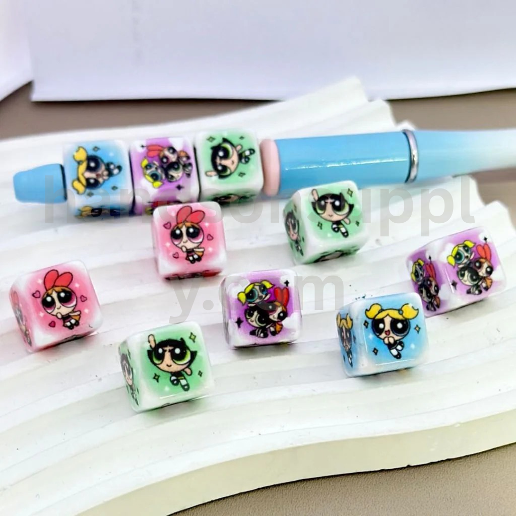 Powerpuff Girls Theme Colorful Cartoon Cube 14MM Beads Random Mix Acrylic Beads