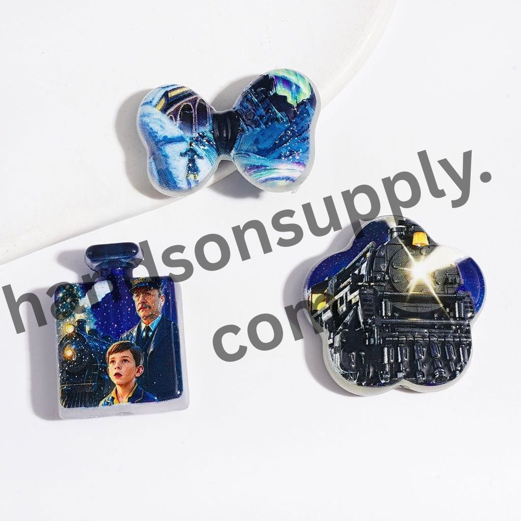 The Polar Express Train graphic and Golden Train Ticket Blue Series Acrylic Beads and Pendant Charms, Random Mix