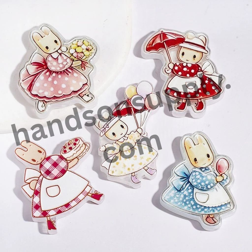 Playful Jasmine Bunny Character in Assorted Outfit Designs Acrylic Beads, Random Mix
