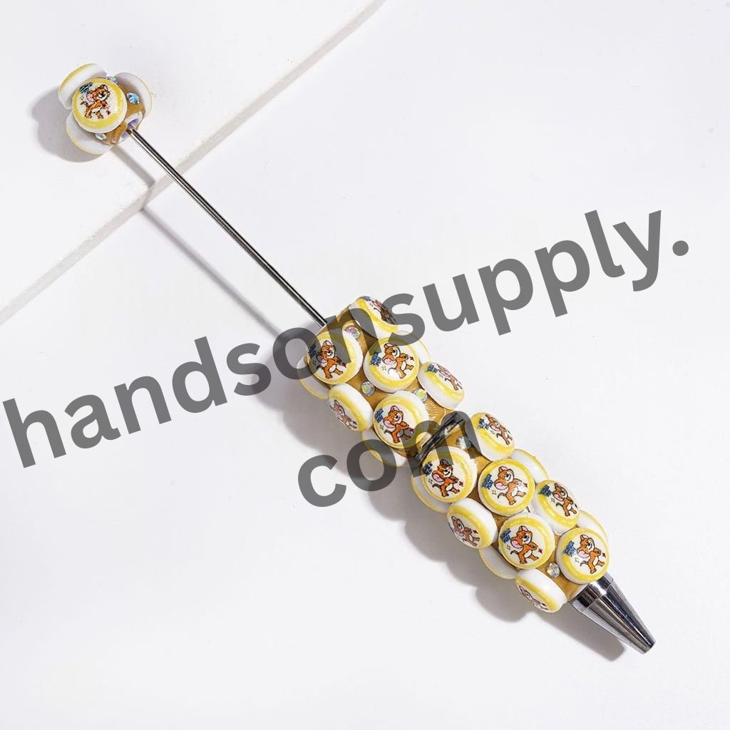 Cute Cat and Mouse Characters with Sparkling AB Rhinestones Flat Round Design Beadable Clay Pen, Multicolor
