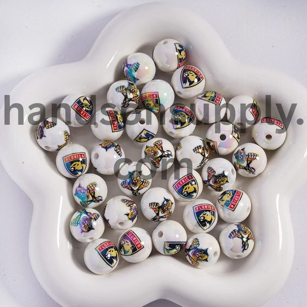 Round UV Coating Ice Hockey Team Pattern Acrylic Beads for Bracelets, 16MM
