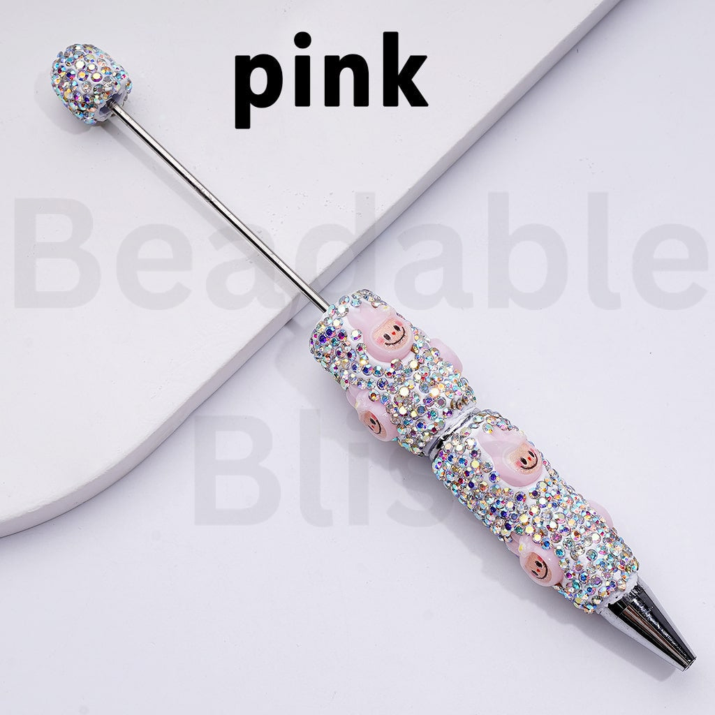 White Color Beadable Clay Pens with Cute Designer Cute Monster Doll Toy Head Pop Mar AB Rhinestones Covered the Entire Pen