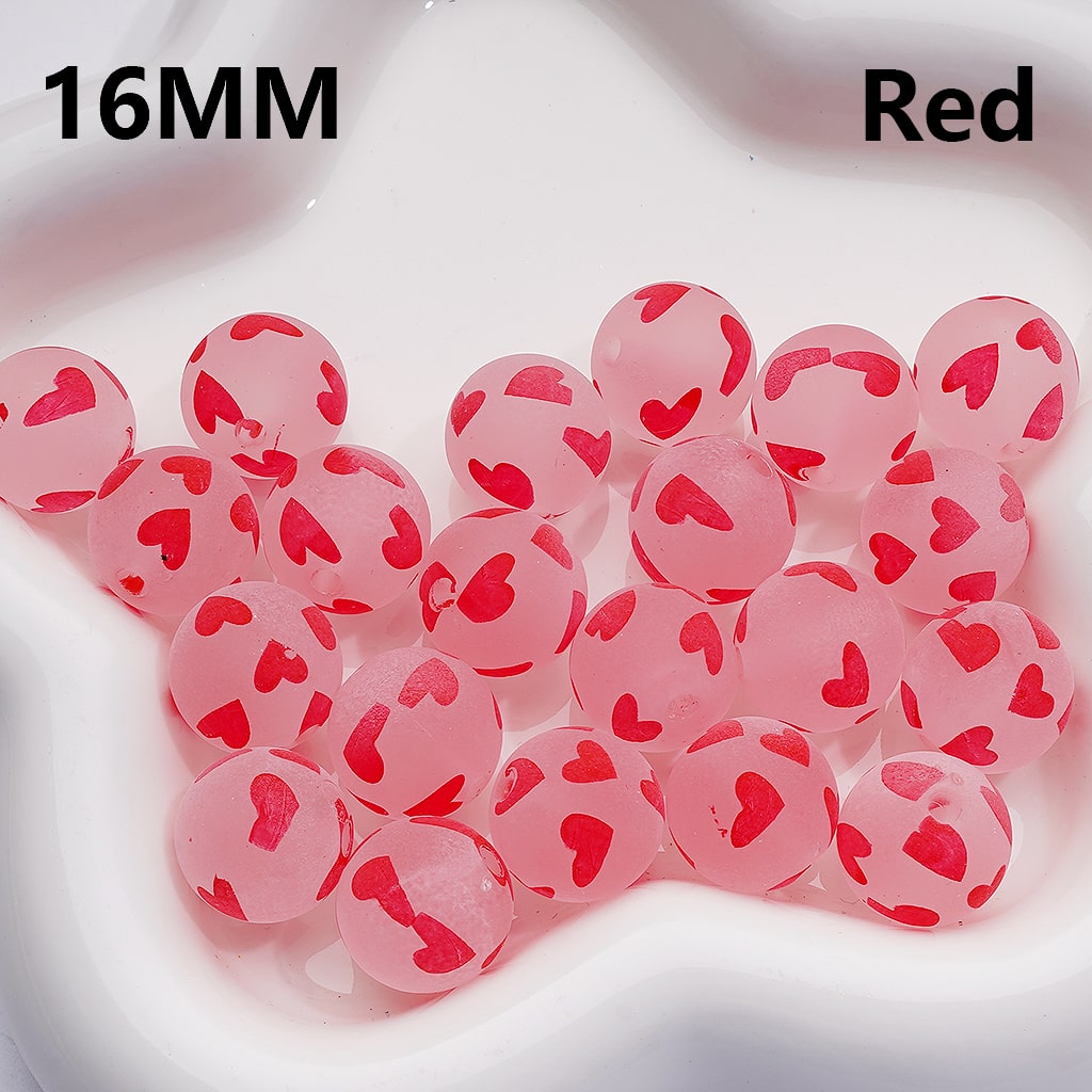 Multi-Color Heart Printed Frosted Acrylic Beads, 16MM Round Single Color Option Requires 200pcs Full Bag