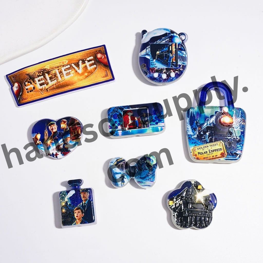 The Polar Express Train graphic and Golden Train Ticket Blue Series Acrylic Beads and Pendant Charms, Random Mix