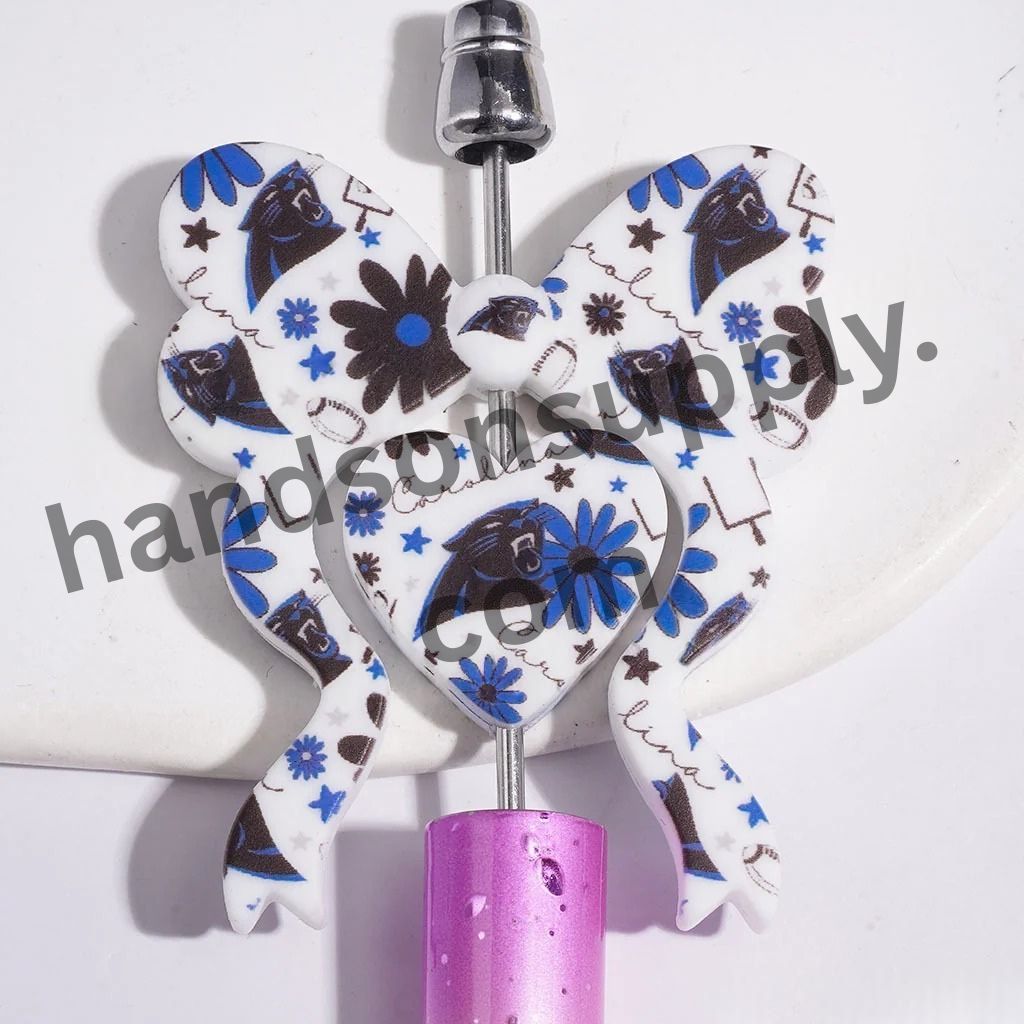 Carolina American Football Collection with Blue Flower & Star Pattern, Bowtie & Heart-Shaped Silicone Focal Beads, 45*52MM