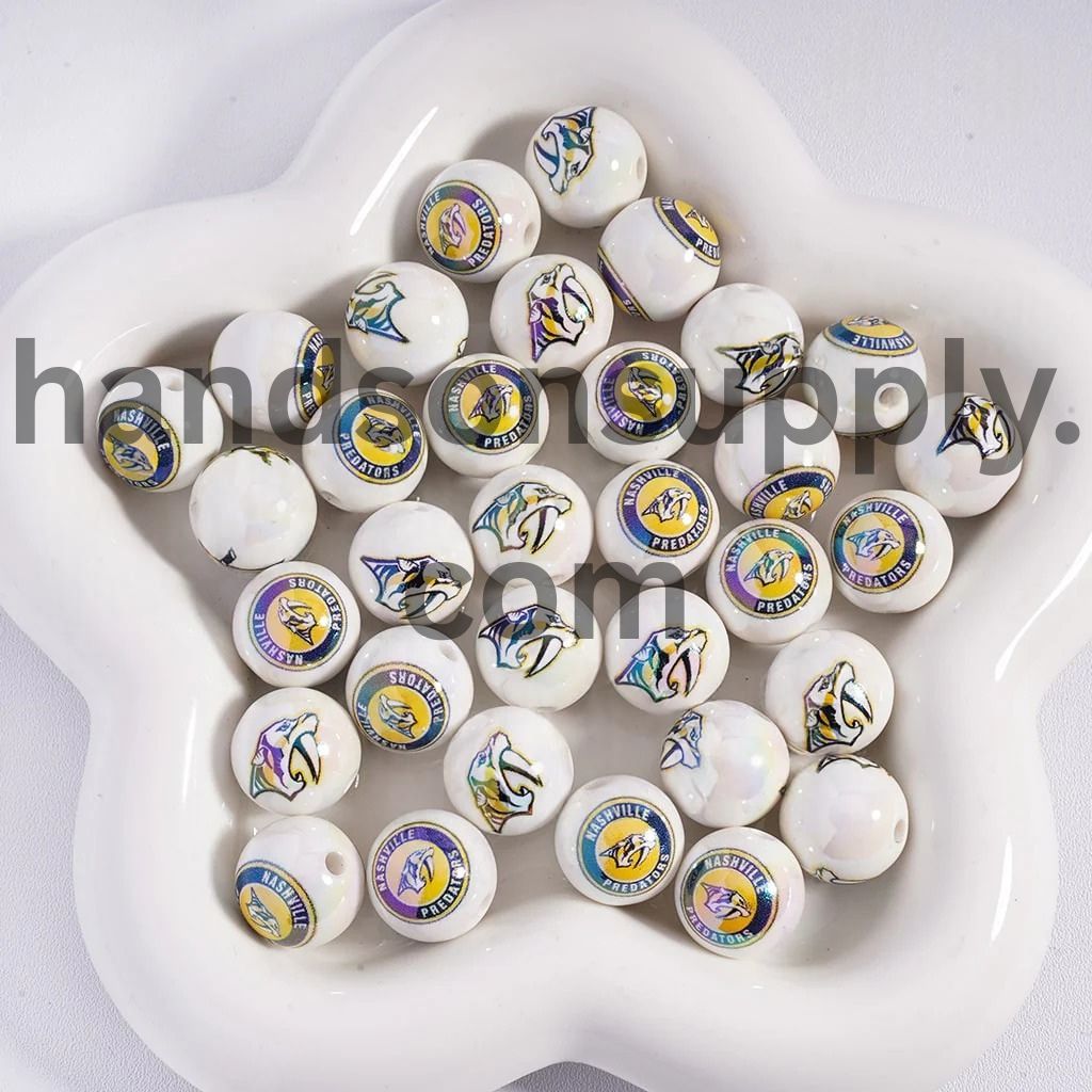 Round UV Coating Ice Hockey Team Pattern Acrylic Beads for Bracelets, 16MM