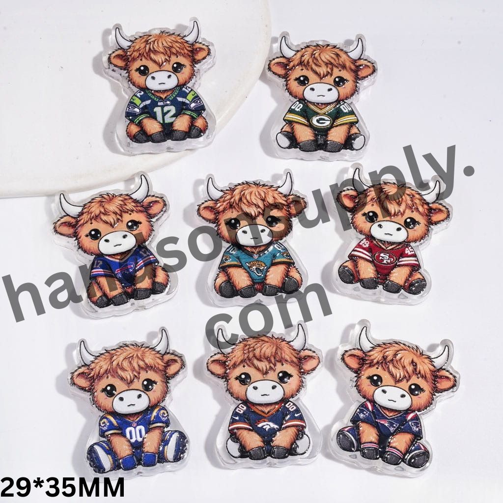 Cute Brown Highland Cattle Wearing Various American Football Team Jerseys Semi-Clear Acrylic Beads, 29*35MM, Random Mix