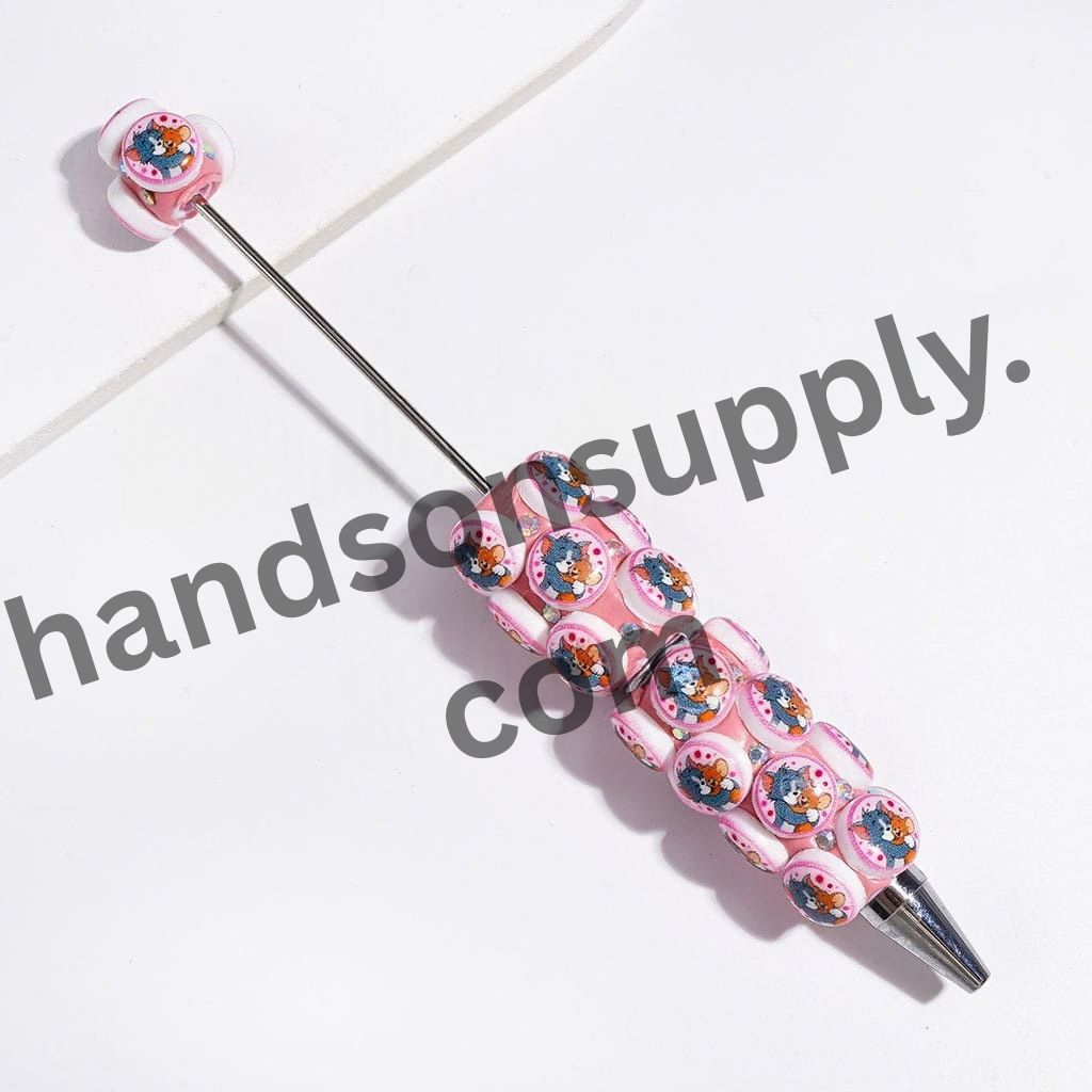 Cute Cat and Mouse Characters with Sparkling AB Rhinestones Flat Round Design Beadable Clay Pen, Multicolor