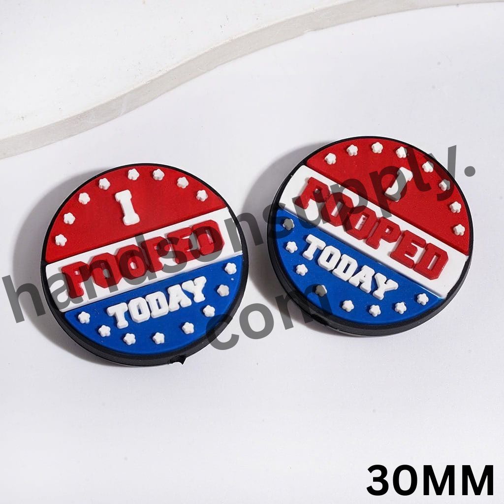 Red White Blue Background "I HUMOR TODAY" Text with American Badge Prints Flat Round Shape Silicone Focal Beads, 30MM