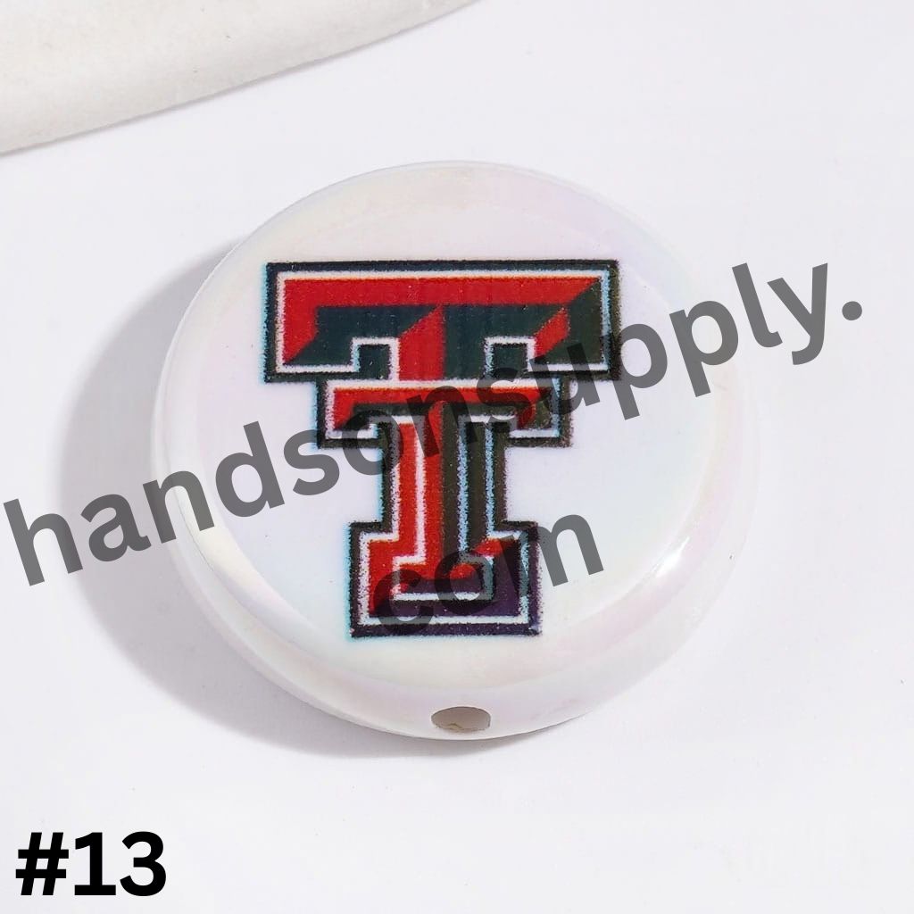 UV-Coated American College Sports Football Team Logo Series Flat Round Acrylic Beads, 23MM