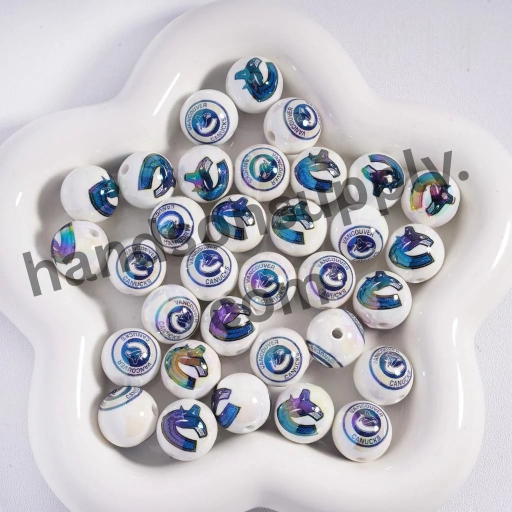 Round with UV Coating Ice Hockey Team Pattern Acrylic Beads for Bracelets, 16MM