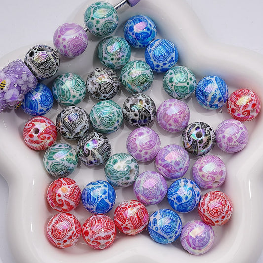 UV Coating Multi-Color White Round Water Drop Pattern Acrylic Beads 16MM