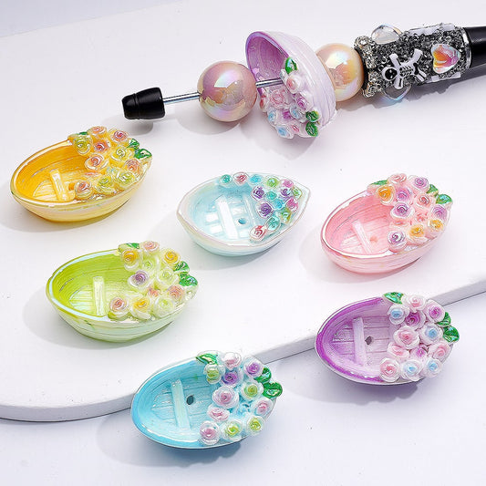 UV Coated Boat Design with Flowers Solid Colors 35*22MM, Acrylic Beads Random Mix