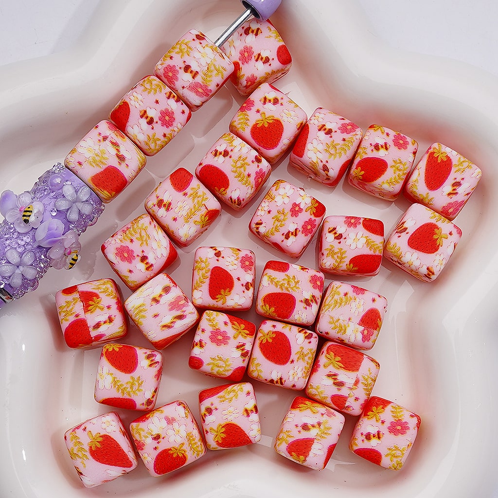 Printed Cube Square Cute Strawberries Bees Flowers Silicone Beads 14MM