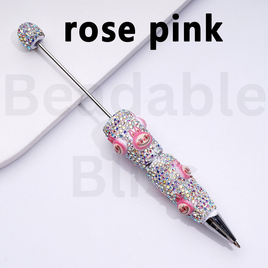 White Color Beadable Clay Pens with Cute Designer Cute Monster Doll Toy Head Pop Mar AB Rhinestones Covered the Entire Pen