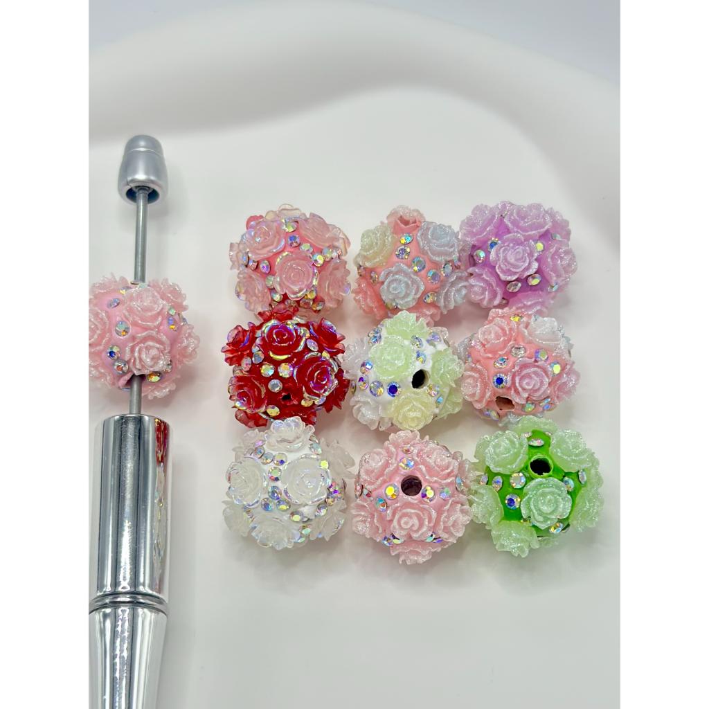 Multicolor Glittery Roses in Light Pastel Colors with Elegant Style Clay Beads and Ab Color Rhinestones 18mm Random Mix
