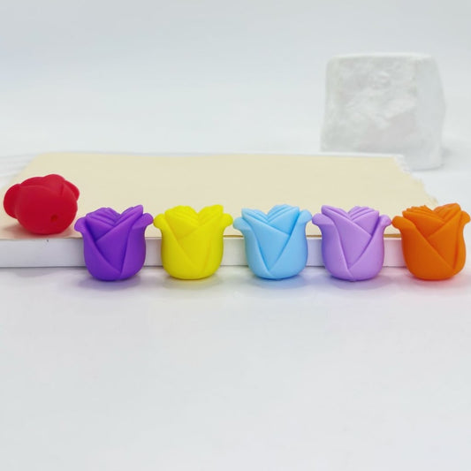 Rose Flowers 3D Colorful Silicone Focal Beads, Random Mix