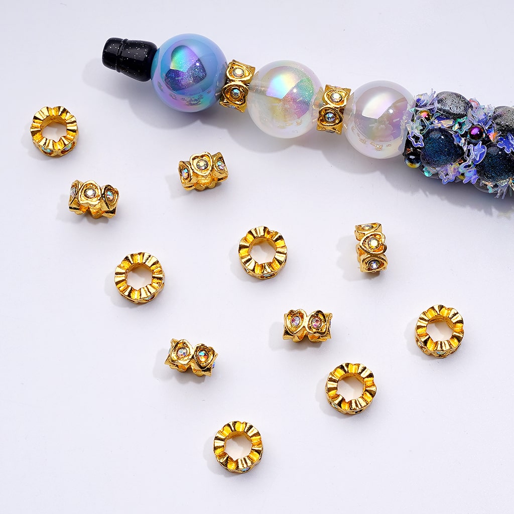 Delicate Mini Heart-Shaped Spacer Beads in Silver and Gold Metal with AB Rhinestones, 10MM