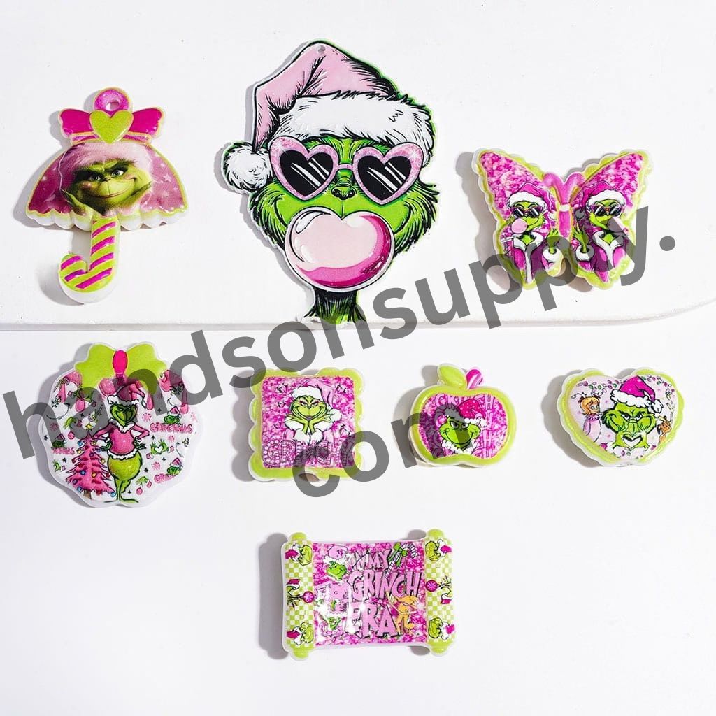 Festive Green Christmas Character Designs in Pink Series Acrylic Beads & Pendants, Random Mix