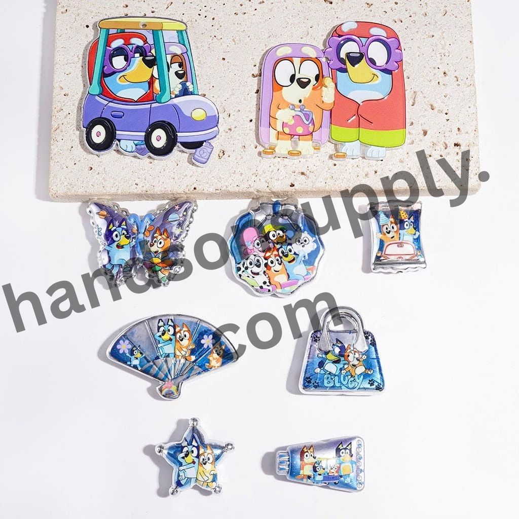 Cute Blue Dog Character Family Theme Series Silver-Border Acrylic Beads & Pendants, Random Mix