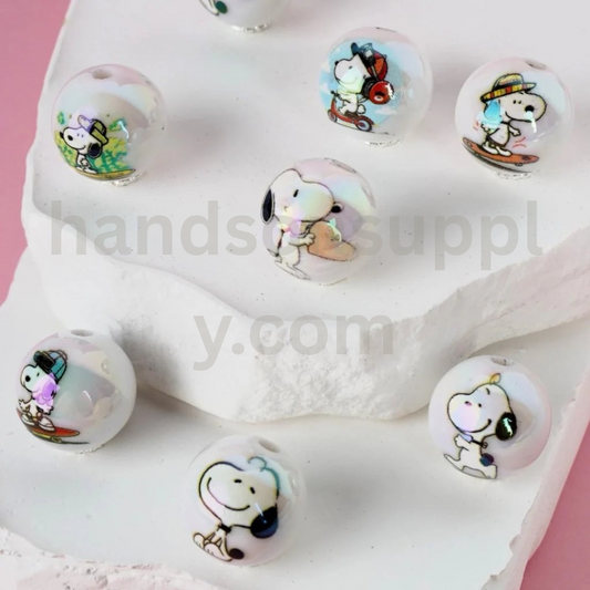 UV Coated White Round Puppy Snoop Design 16MM Acrylic Beads Random Mix