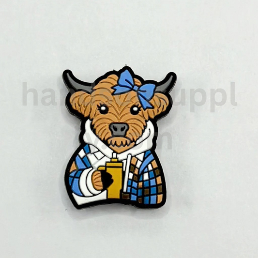 Highland Cow in Plaid Sweatshirt with Blue Bow and Coffee Cup Silicone Focal Beads