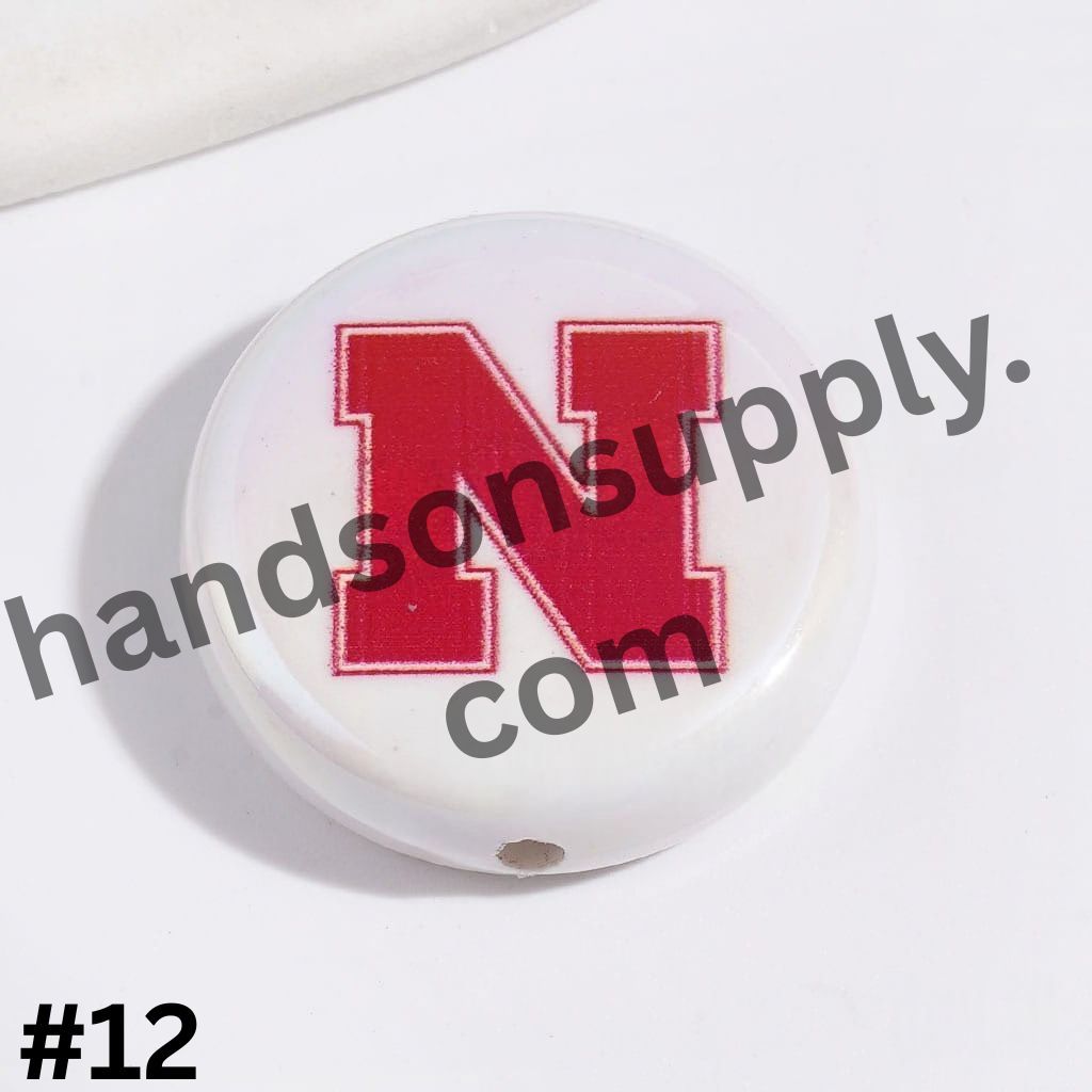 UV-Coated American College Sports Football Team Logo Series Flat Round Acrylic Beads, 23MM