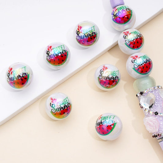 UV Coating White Acrylic Beads with Sliced Watermelon Prints, Random Mix, 16MM