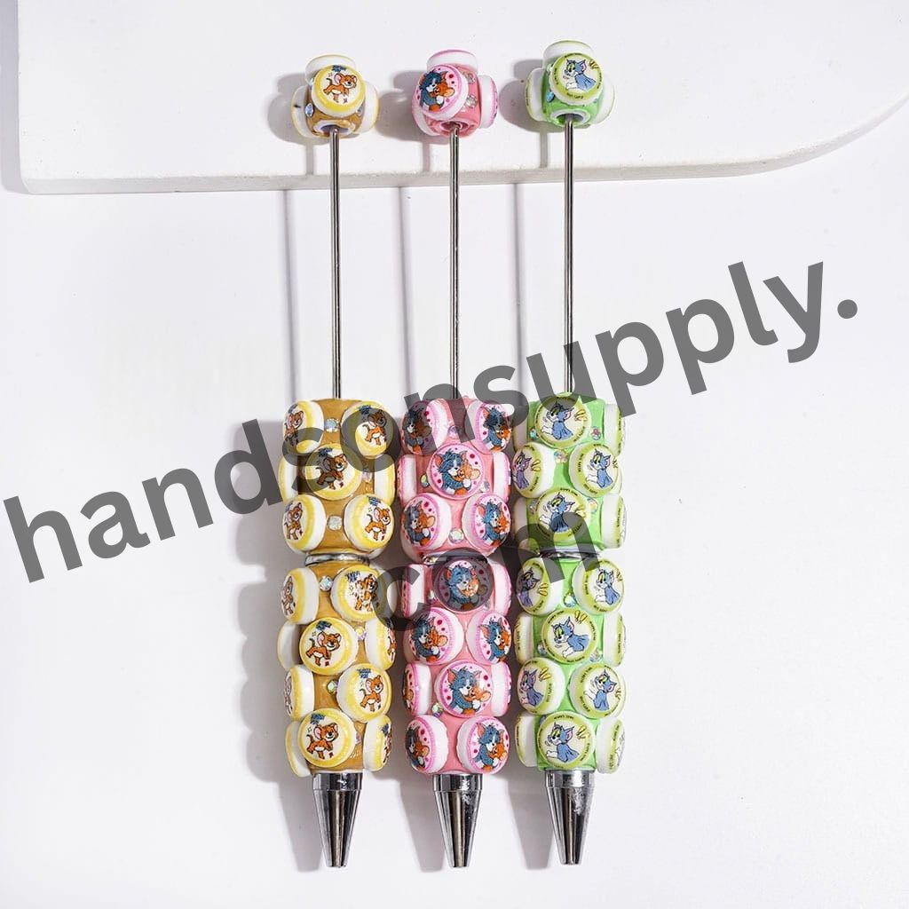 Cute Cat and Mouse Characters with Sparkling AB Rhinestones Flat Round Design Beadable Clay Pen, Multicolor