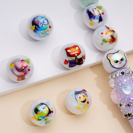 UV Coating Insid Out Cartoon Prints White Acrylic Beads, Random Mix, 16MM