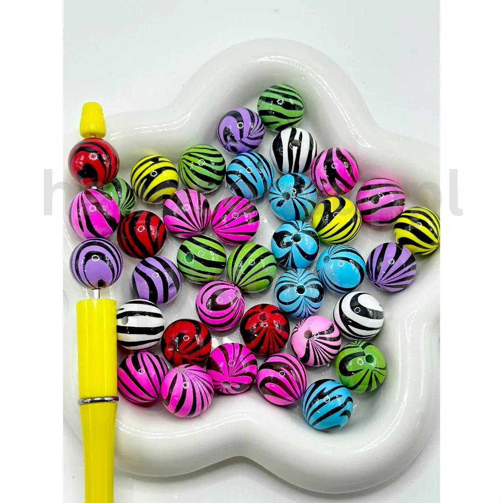 Honey Bear Stripe Pattern Round 16MM Mix Solid Color Acrylic Beads