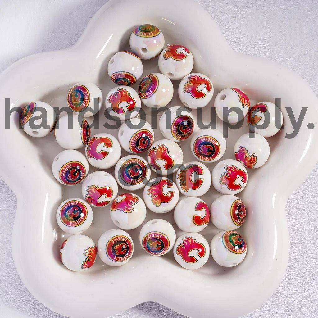 Round UV Coating Ice Hockey Team Pattern Acrylic Beads for Bracelets, 16MM