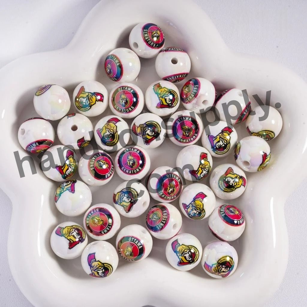 Round with UV Coating Ice Hockey Team Pattern Acrylic Beads for Bracelets, 16MM