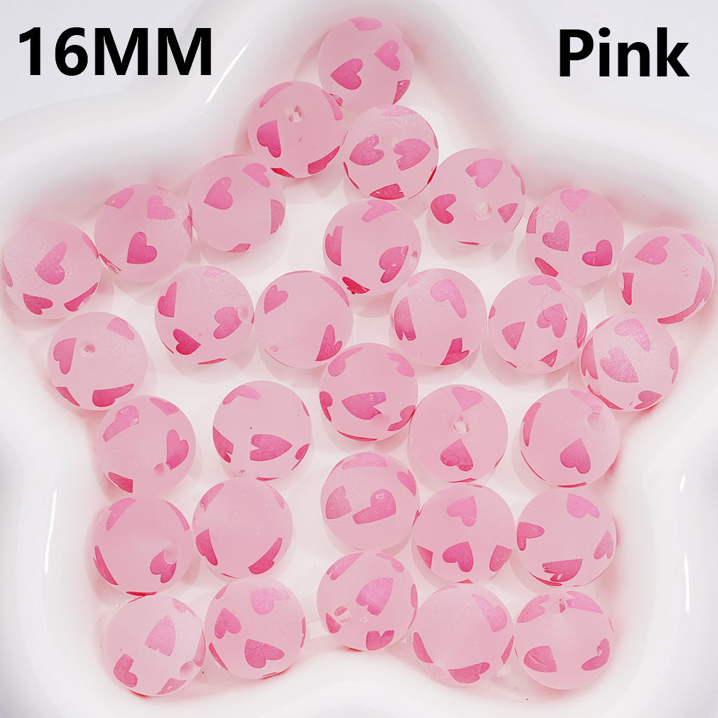 Multi-Color Heart Printed Frosted Acrylic Beads, 16MM Round Single Color Option Requires 200pcs Full Bag