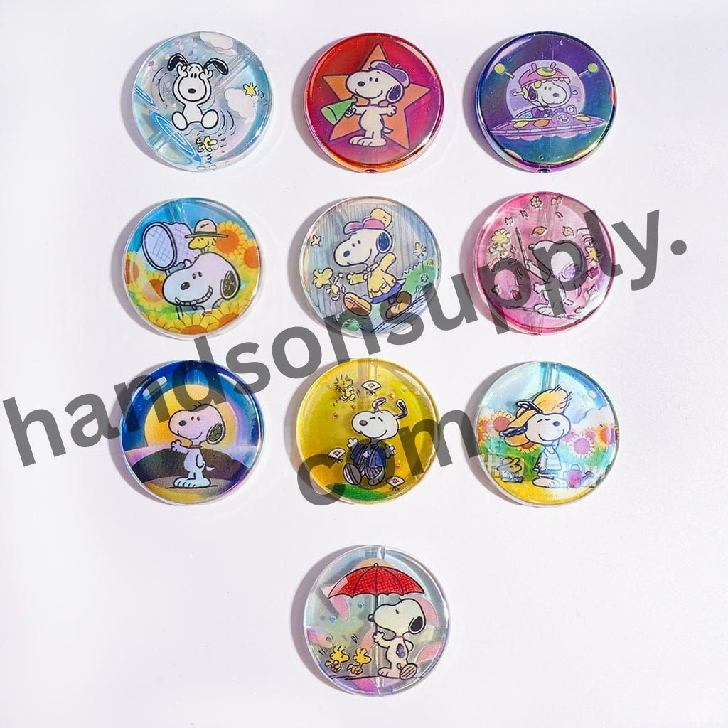 UV-Finished Adorable White Beagle Dog Character Prints Semi-Clear Flat Round Shape Acrylic Beads, 31MM, Random Mix