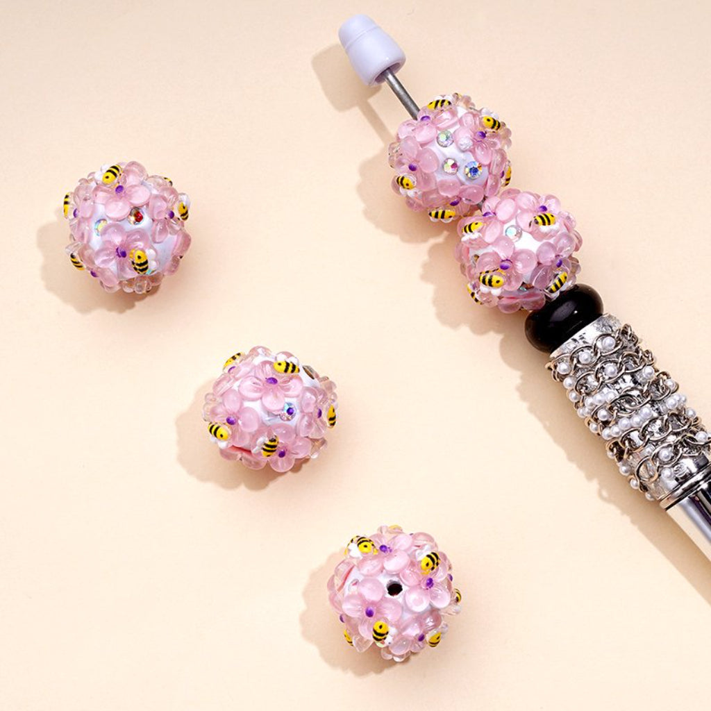 Colorful Flowers Yellow Cute Bees AB Rhinestones White Round Clay Beads, Around 20MM